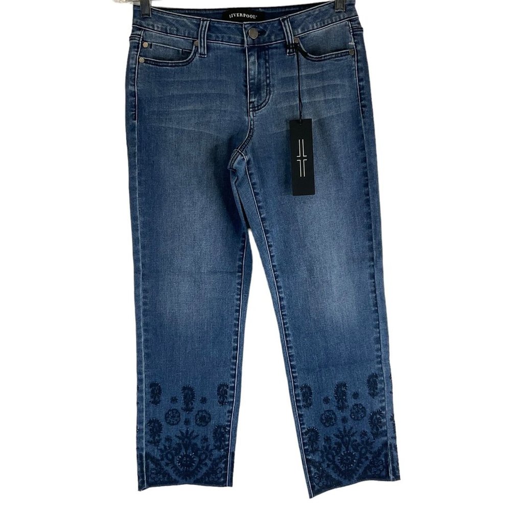 Liverpool Jeans Women's Sz 28" Blue The Crop Straight w/ Embroidered Hem Nwt - Picture 2 of 10